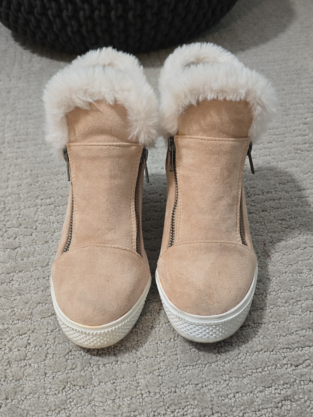 Women's Faux Fur Trim Taupe Suede Wedge Booties, W7